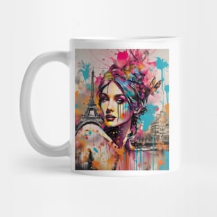 Lady in Paris, Graffiti art, splash art, street art, spray paint, colourful art Mug